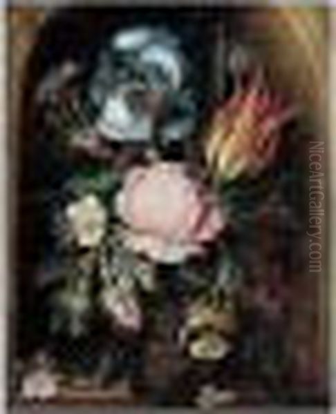 A Still Life Of An Iris, A
Tulip, A Rose, Moss-roses And Other Flowers And Plants In A Glass Vase,
Flanked By A Lizard And A Dragonfly, All Within A Stone Niche - view 1