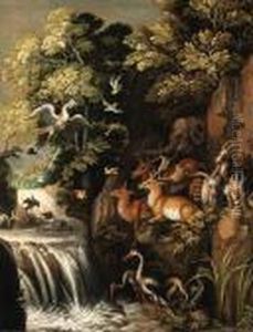 Deer, Goats, An Elephant And Other Animals By A Waterfall by Roelandt Jacobsz Savery