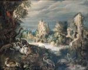 Ducks, Swans, A Guinea-fowl, A 
Heron, Ostriches, A Parrot And Otherbirds On A River Bank, Ruins In A 
Wooded Landscape Beyond