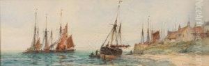 A Coastal Landscape With Figures Unloading The Catch From A Moored Fishing Boat by William Harrison Scarborough