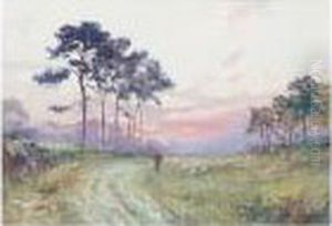 Shepherd And Flock At Sunset; Boat On The Shore by William Harrison Scarborough