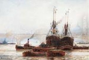 Shipping On The River Thames, With London Bridge Beyond by William Harrison Scarborough