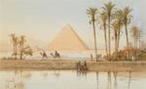 Scene On The Nile Near The Pyramids by Spyridon Scarvelli
