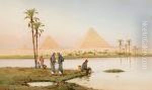 A View Of The Nile At Rod-el-farrag; A View Of The Pyramids At Giza (a Pair) by Spyridon Scarvelli