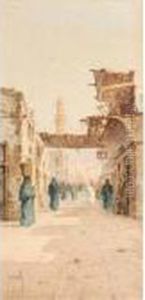 Figures On A Street, A Minaret Beyond, North Africa; Figures On A Street, North Africa by Spyridon Scarvelli