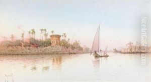 Arabs Passing The Pyramids At Giza; A Dhow On The Nile by Spyridon Scarvelli