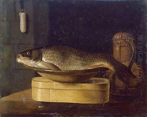 Still Life Of A Carp In A Bowl Placed On A Wooden Box, All Resting On A Table by Sebastien Stoskopff