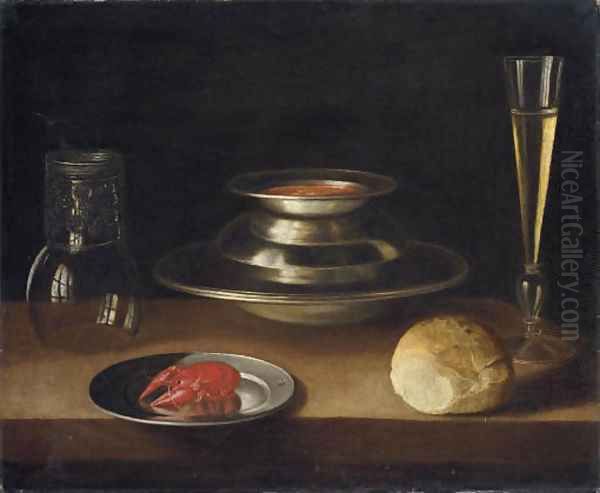 Bread, a carafe of wine, an upturned roemer and a crayfish on a plate with a bowl of soup and glass of wine - view 1