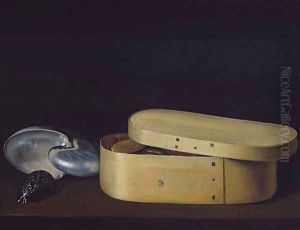 Still Life with a Nautilus Panther Shell and Chip Wood Box ca 1630 by Sebastien Stoskopff