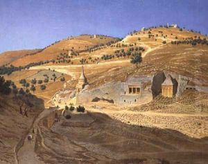 A hilly landscape with Arabs and a ruined temple by Hubert Sattler