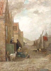 Figures and animals in a small street, Arnemuiden by Henri van Seben