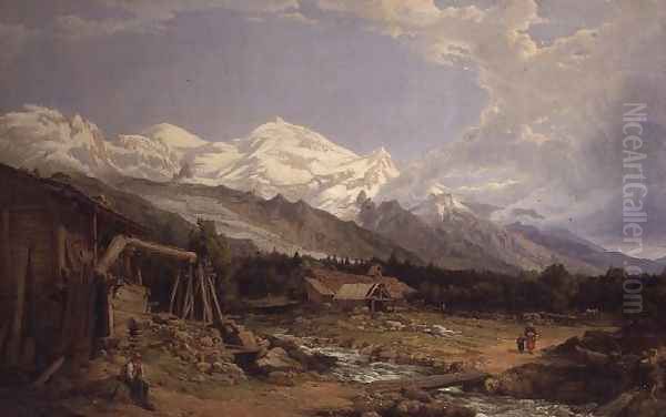 Alpine landscape with figures by a mountain stream - view 1