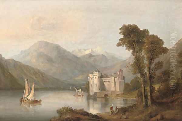 Figures resting beside an alpine lake, a castle beyond - view 1