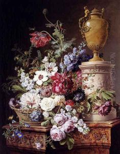 Still Life Of Flowers In A Basket With Two Butterflies, A Drgonfly, A Fly And A Beetle By An Alabaster Urn On A Marble Pedestal