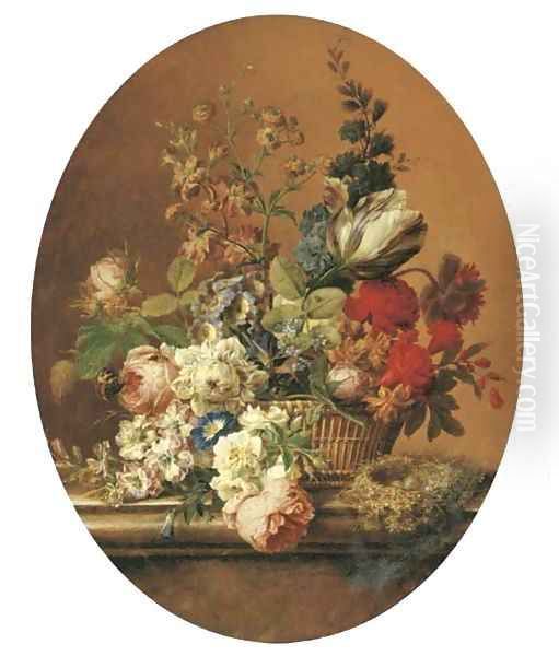 A tulip, primroses, forget-me-not, roses, delphinium, buttercup, poppies, morning glory and other flowers in a basket with a dunnock's nest on a stone - view 1