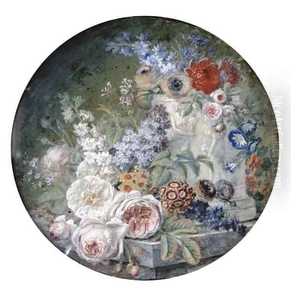 Cabbage rose, white rose, double kampernel narcissus, golden narcissus, forget-me-not, hyacinths, lilac, auricula, turban buttercups and larkspur - view 1