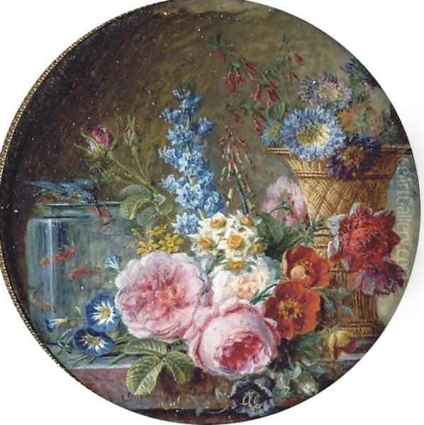 Cabbage rose, white rose, Austrian copper briar, small morning glory, tazetta narcissus, jonquil, hyacinth, lachenalia, poppy anemone - view 1