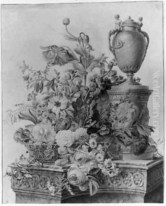 A Still life with Flowers in a Basket by an Urn on stand on a Marble Ledge by Gerard Van Spaendonck