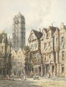 Busy Street Scene, Malines Belgium With Cathedral In Background by Henry Thomas Schafer