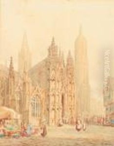Flower Stall And Cathedral, Eureux, Normandy by Henry Thomas Schafer