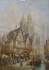 A Northern French City With Cathedral And Figures At Vegetable Stall