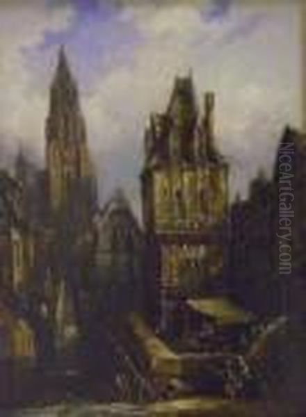 French Street Scene With Timber
Framed Buildings And Figures Inforeground, A Church Rising In Background - view 1