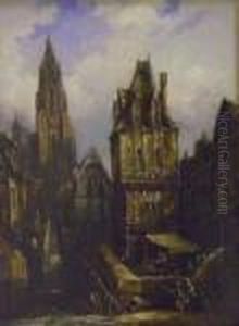 French Street Scene With Timber 
Framed Buildings And Figures Inforeground, A Church Rising In Background