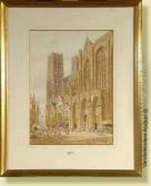 Sortiede La Messe A Sainte 
Gudule De Bruxelles, Aquarelle Sur Papier.signee En Bas A Droite H. 
Schafer. Ecole Britannique. Dim.:48x35cm - view 1