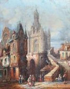 A Continental Town Scene With Figures, Together With Another Similar, A Pair