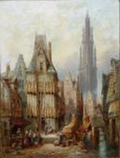 R.b.a. - - Oils On Canvas - 
Rouen,normandy 'place De La Croix De St.pierre'; Antwerp, Belgium 'in 
The Steen'. Each Signed And Dated 1889 Lower Left - view 1
