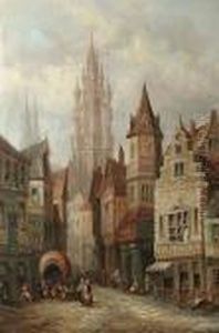 A Continental Street Scene, A Cathedral Beyond by Henry Thomas Schafer