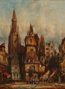 A Continental Townscape With Figures by Henry Thomas Schafer