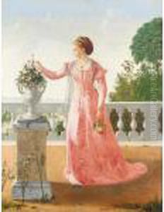 Portrait Of A Lady In A Pink Satin Dress, Standing On A Veranda