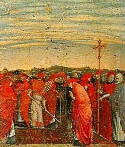 Madonna and Child Enthroned with Four Angels and SS John the Baptist Peter Francis and Paul (Detail of the Predella) by Stefano Di Giovanni Sassetta