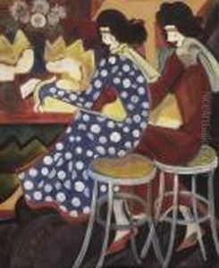 Zwei Frauen An Einer Bar Sitzend by Hugo Scheiber