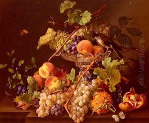A Still Life With Song Bird And Fruit In A Crystal Tazza by Josef Seboth