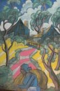 Woman In A Landscape With Houses Bordering A Stream by Hugo Scheiber