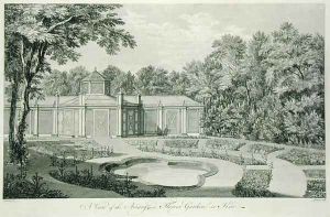 A View of the Aviary and Flower Garden at Kew, from Plans, Elevations, Sections and Perspective Views of the Gardens and Buildings at Kew in Surry, by Sir William Chambers 1726-96, engraved by Charles Grignion, published 1763 by Thomas Sandby