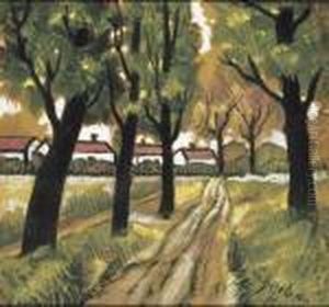 Red Roofs Behind Trees by Hugo Scheiber