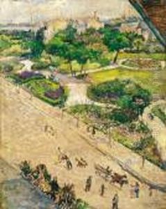Street In Budapest, With Park, And The Danube In The Background by Hugo Scheiber