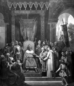 Emperor Charlemagne 747-814 Surrounded by his Principal Officers, Receiving Alcuin (c.735-804) who is Presenting some Manuscripts made by his Monks by Jean-Victor Schnetz