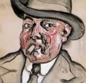 Self Portrait In A Hat, Smoking A Cigar by Hugo Scheiber