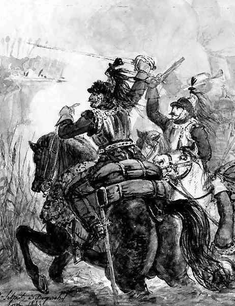 Two cavalry officers crossing a ford - view 1