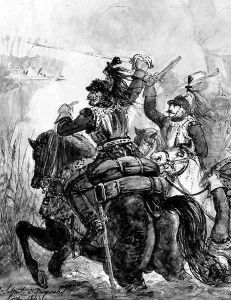 Two cavalry officers crossing a ford by Jean-Victor Schnetz