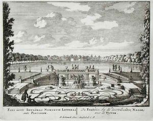 Fountain and water jets in a Dutch formal garden, from Admirandorum Quadruplex Spectaculum, by Jan van Call 1656-1703, published before 1715 by Pieter Schenk