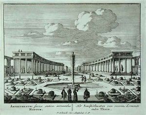 Classical amphitheatre in a garden, from Admirandorum Quadruplex Spectaculum, by Jan van Call 1656-1703, published before 1715 by Pieter Schenk