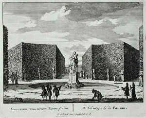 Hexagonal hedge by a faun fountain, from Admirandorum Quadruplex Spectaculum, by Jan van Call 1656-1703, published before 1715 by Pieter Schenk