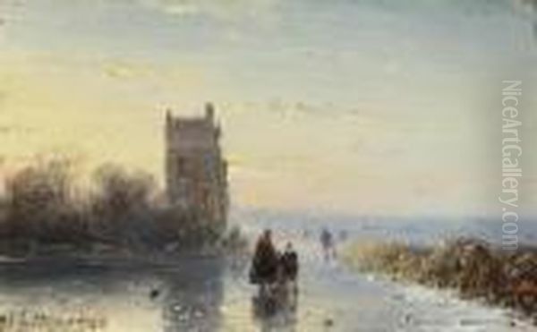 Figures On A Frozen Waterway By A Tower - view 1
