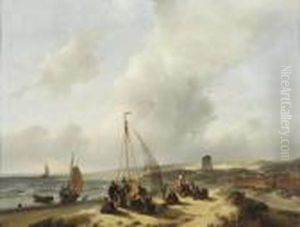 Fisherfolk On The Beach by Andreas Schelfhout