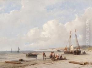 A Beach With Barges And Some Fishermen by Andreas Schelfhout